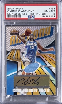 2003-04 Topps Finest Refractor #163 Carmelo Anthony Jersey Autograph Rookie Card (#111/250) - Carmelo Anthony Signed Rookie Card - PSA NM-MT 8